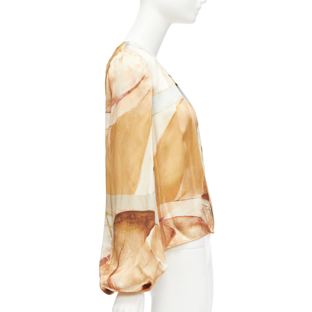 AJE 2018 100% silk beige blue abstract brush print puff sleeve top UK6 XS