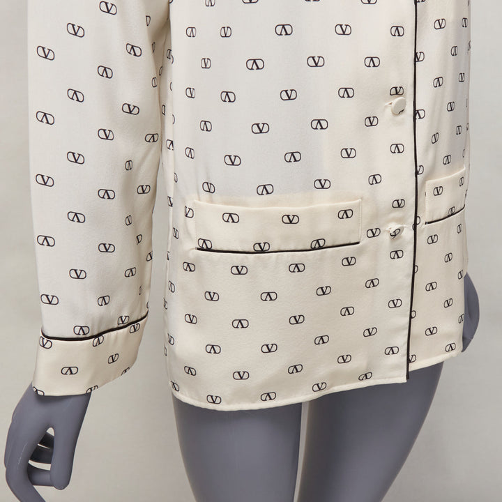 VALENTINO cream 100% silk V logo black piping collared pajama shirt IT36 XXS