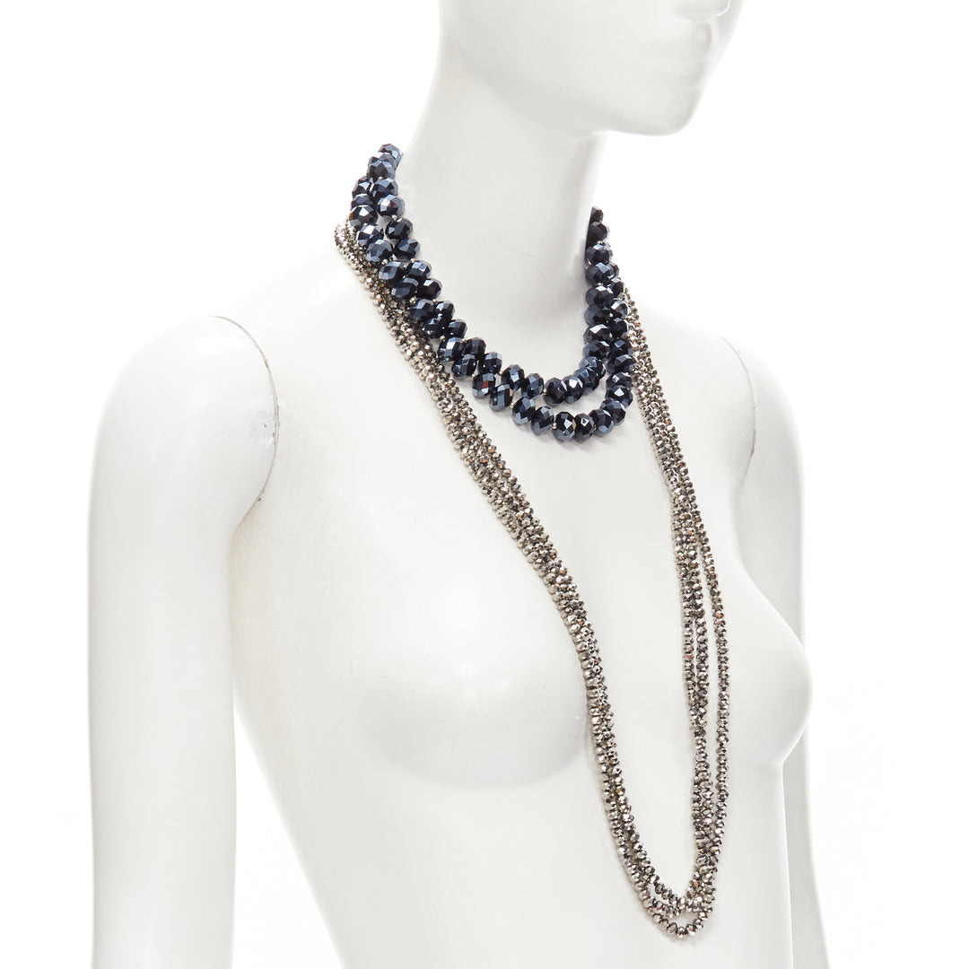 KENNETH JAY LANE silver geometric beads blue big beads double necklace set