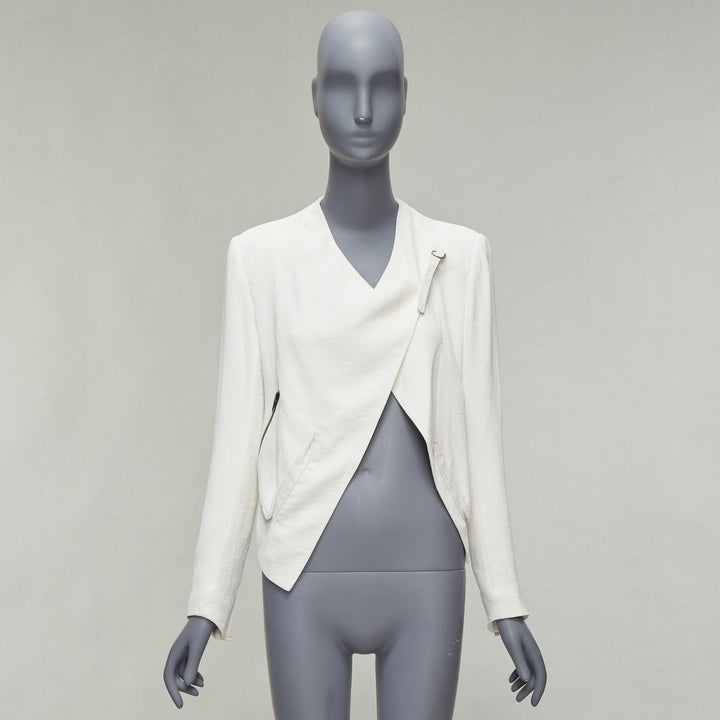 HELMUT LANG white lambskin leather trim asymmetric zip biker jacket US0 XS