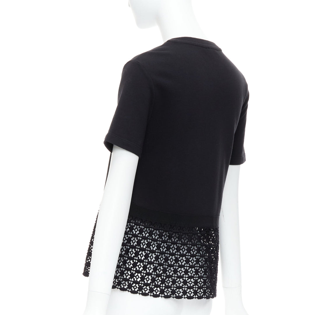 GIAMBATTISTA VALLI black cotton geometric lace hem tshirt IT38 XXS