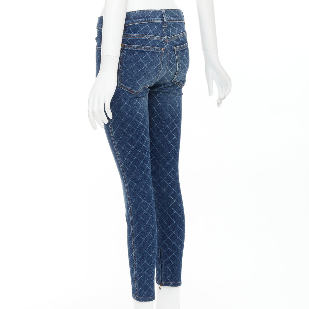 CHANEL 2017 dark blue washed denim diamond grid CC button skinny jeans FR34 XS