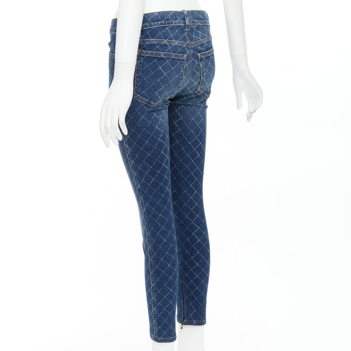 CHANEL 2017 dark blue washed denim diamond grid CC button skinny jeans FR34 XS