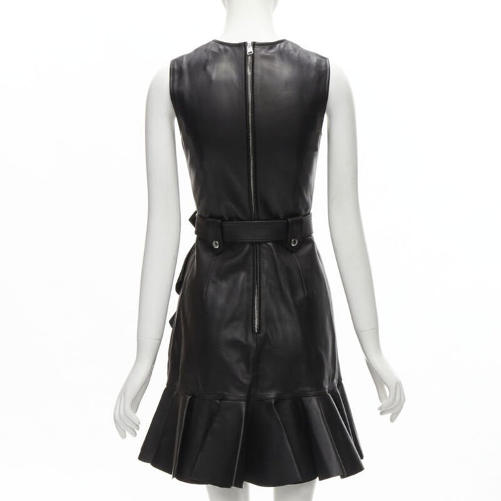 ALEXANDER MCQUEEN 2022 black leather biker belted ruffle trim dress IT38 XS