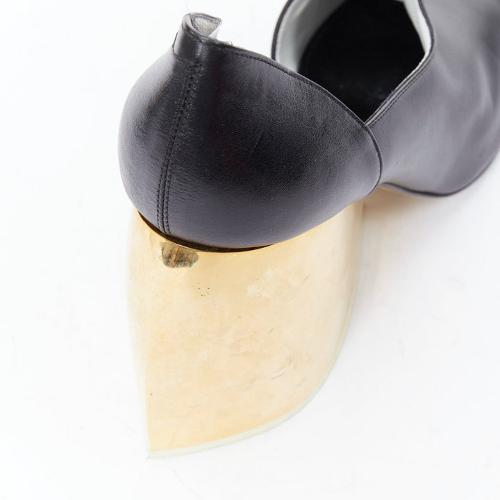 LOEWE gold curved heel black leather slip on heeled shoes EU39