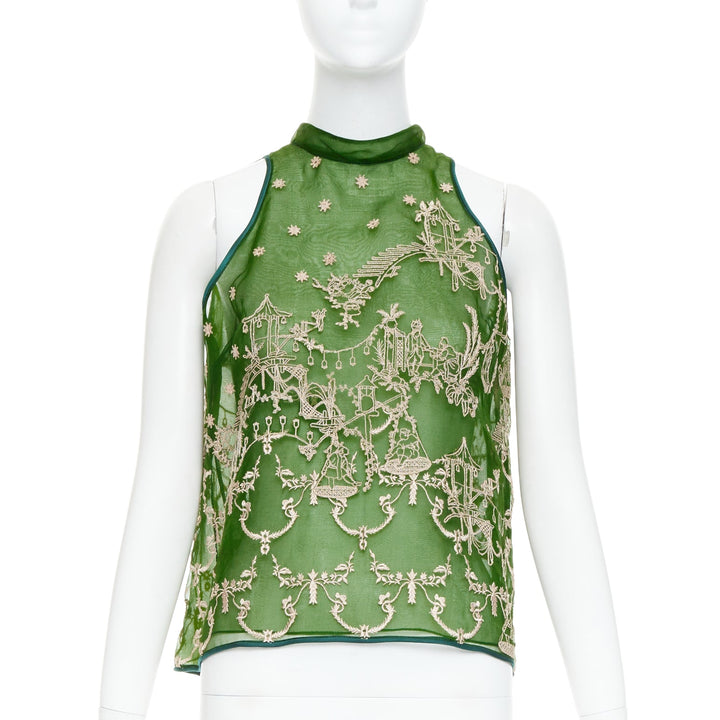 SAPTO DJOJOKARTIKO green beige oriental embroidered sheer halter top