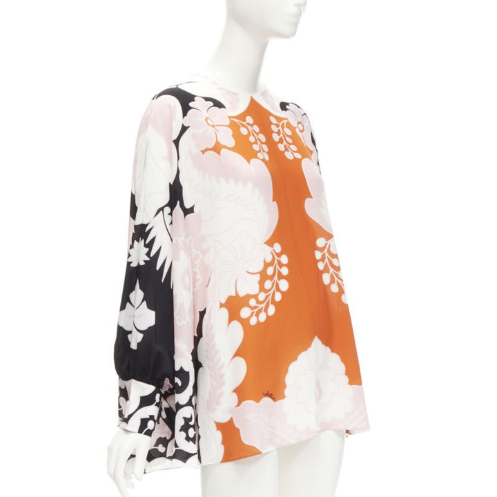 VALENTINO 100% silk orange pink black floral print blouse shirt IT36 XS