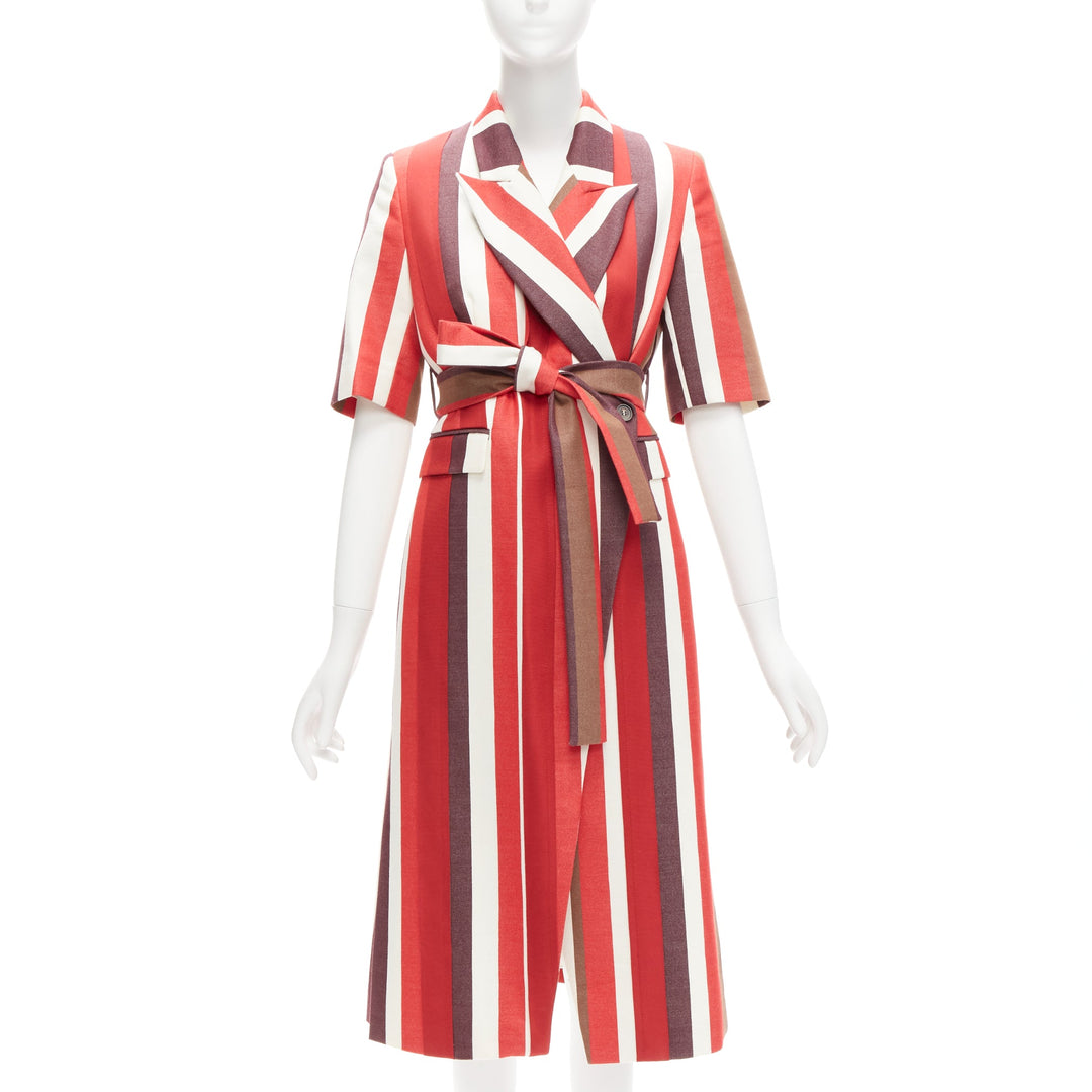 FRENKEN red bold graphic stripes cotton tie belt long coat IT34 XXS