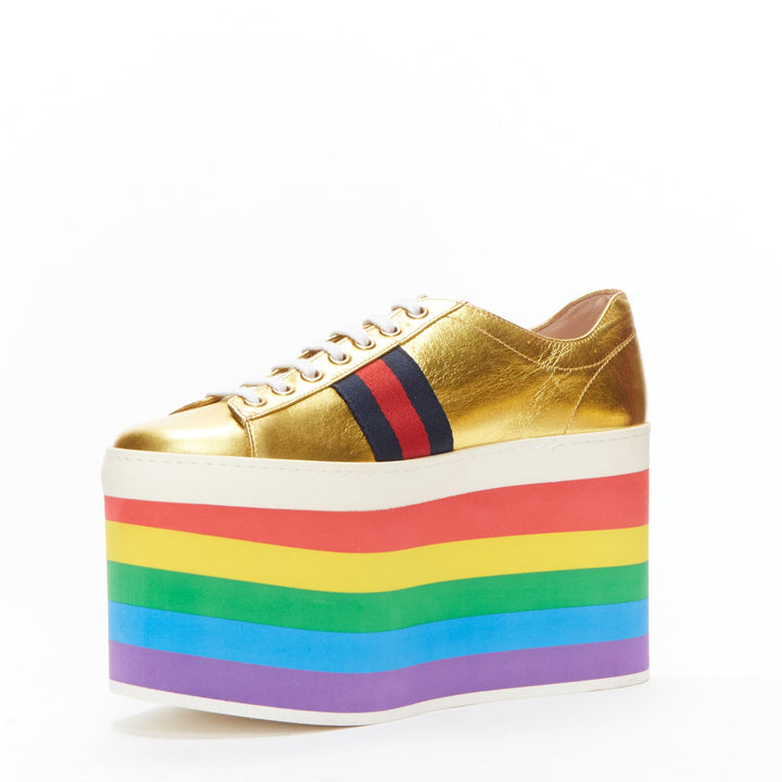 GUCCI Alessandro Michele Peggy rainbow gold web platform sneakers EU37.5