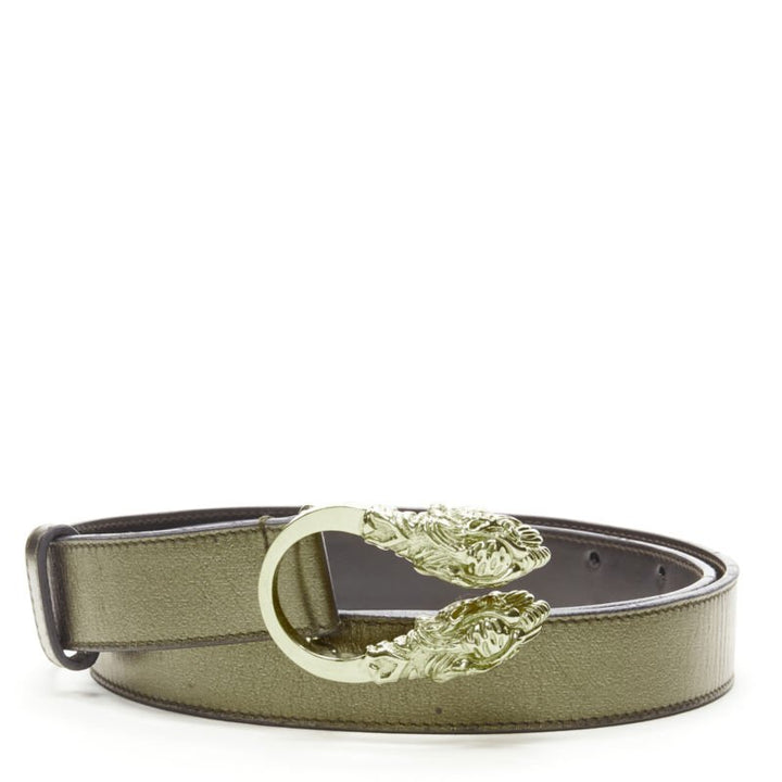 GUCCI Double Tiger gold tone buckle metallic copper leather skinny belt 75cm 30"