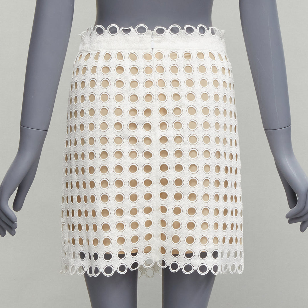 CHLOE white embroidery anglais eyelet layered silk lined skirt FR34 XS