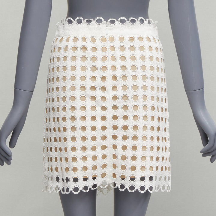 CHLOE white embroidery anglais eyelet layered silk lined skirt FR34 XS