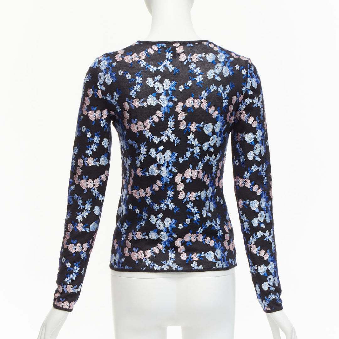 GIAMBATTISTA VALLI black cashmere silk blue pink flower embroidery top IT38 XS