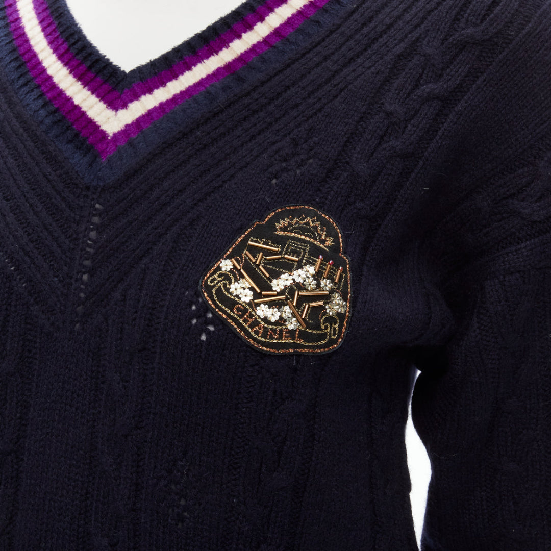 CHANEL cashmere blend navy purple embroidered badge schoolboy sweater FR38 M