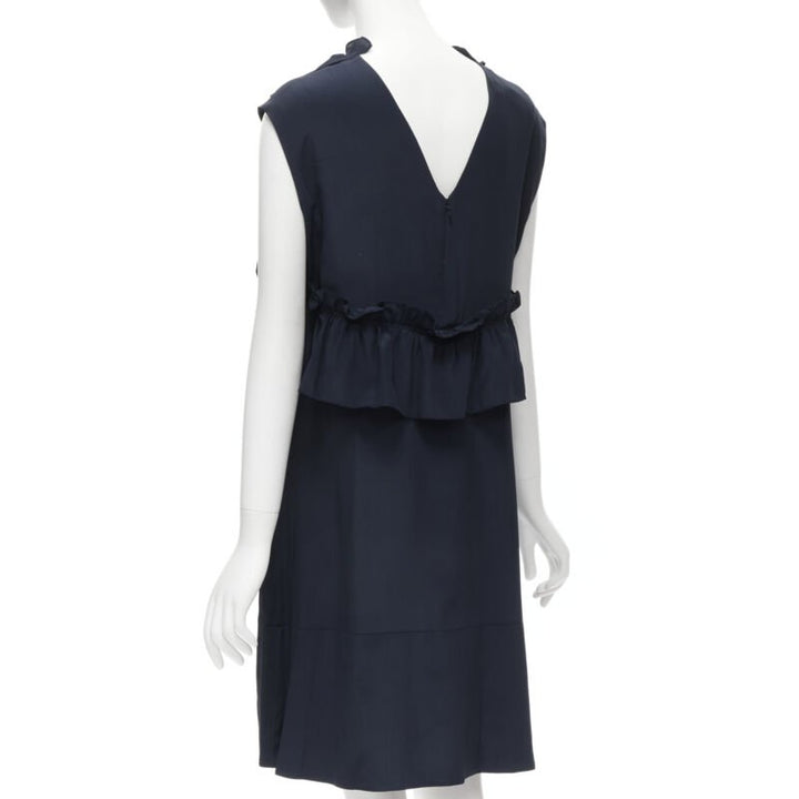 MARNI navy blue silk crepe cross ruffle trim knee lenth dress IT40 S