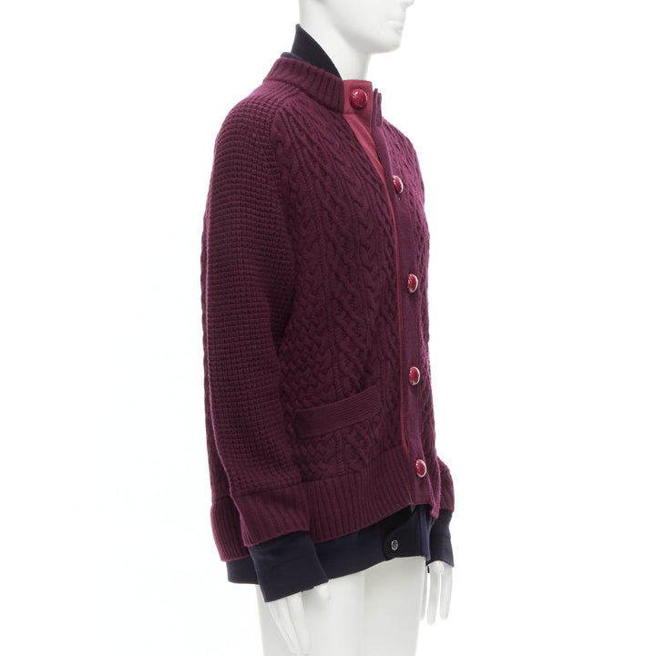 SACAI 2016 burgundy 100% wool cable knit layered hem cardigan JP3 L
