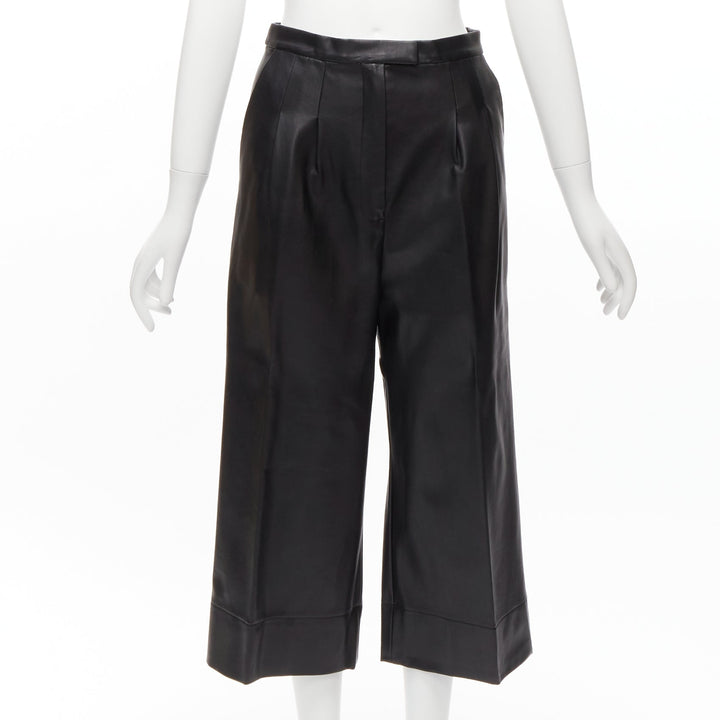HEIDI MERRICK black leather pleated front high waist cropped culotte pants US2 S