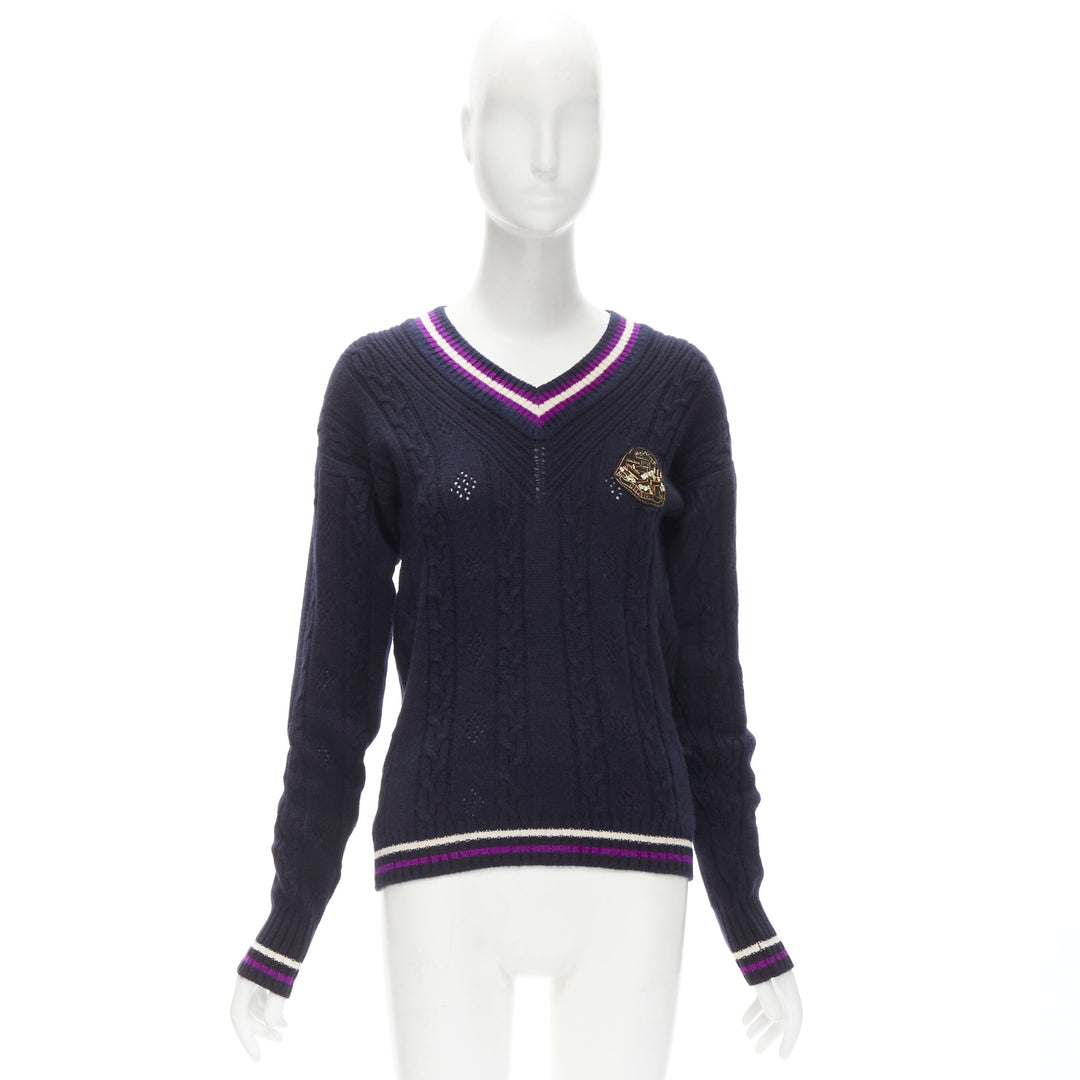CHANEL cashmere blend navy purple embroidered badge schoolboy sweater FR38 M