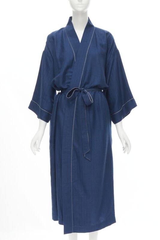 HERMES Paris 100% cashmere hand woven suede leather H logo belted robe L