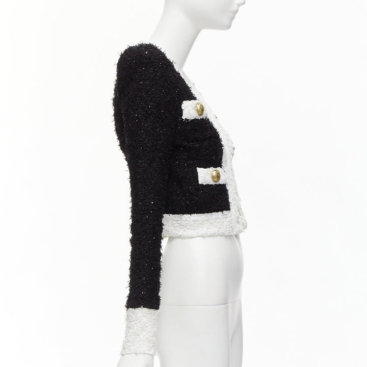 BALMAIN black white metallic tweed 4 pockets cropped blazer jacket FR34 XS