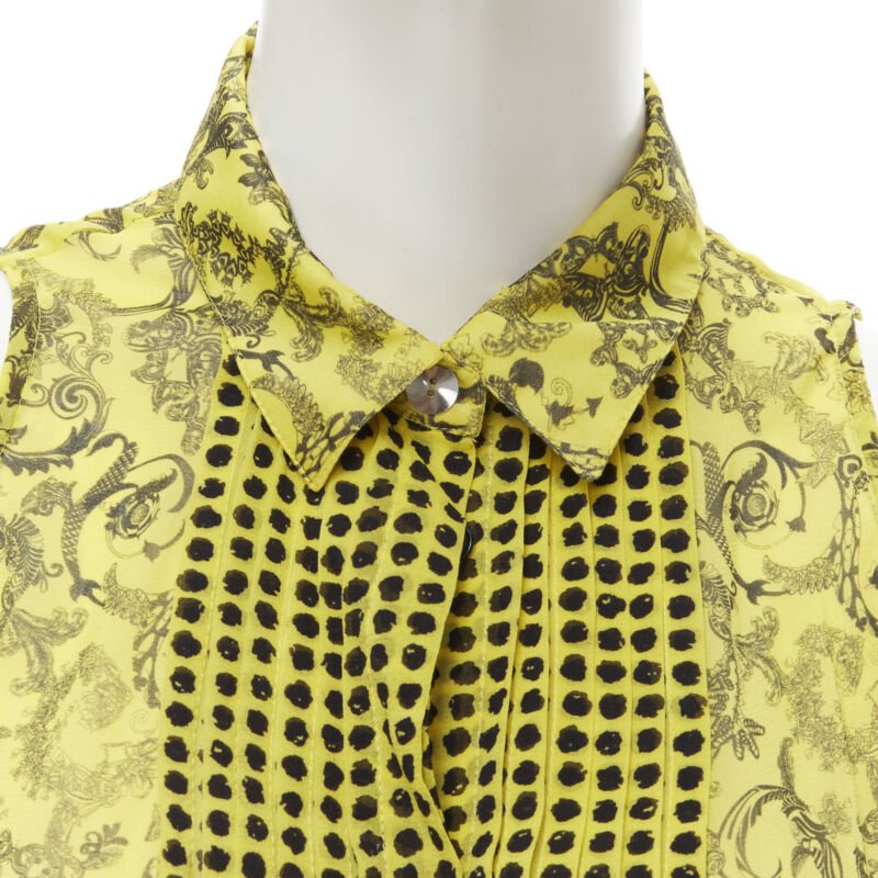 VERSACE yellow silk Baroque print dot pleated collar sleeveless shirt IT40 S