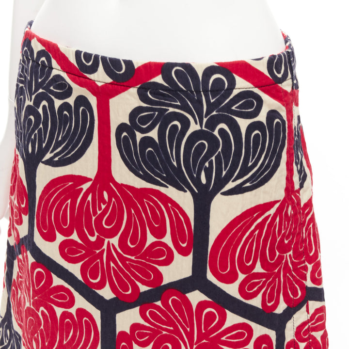 MARNI 2011 red navy cream ethnic print cotton Aline knee skirt IT38 XS