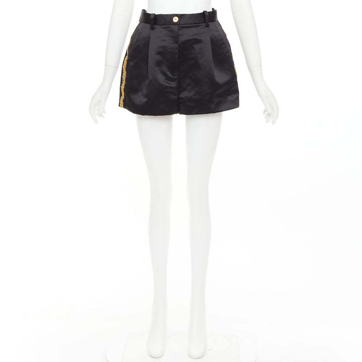 VERSACE black gold Greca embroidered crystal trim mini short shorts IT40 S