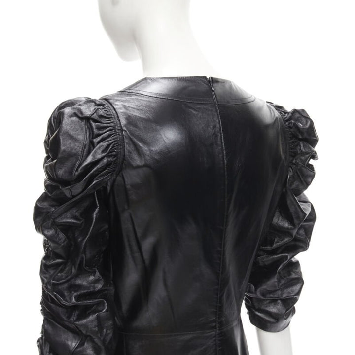 rare OLD CELINE Phoebe Philo black shiney lambskin rusched sleeve dress FR36 S