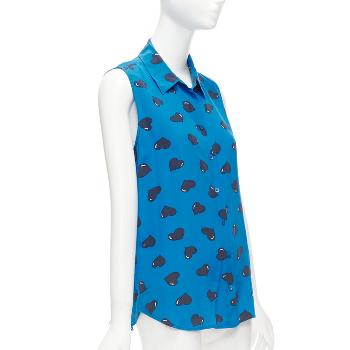 EQUIPMENT 100% silk  electric blue black heart printed sleeveless blouse M