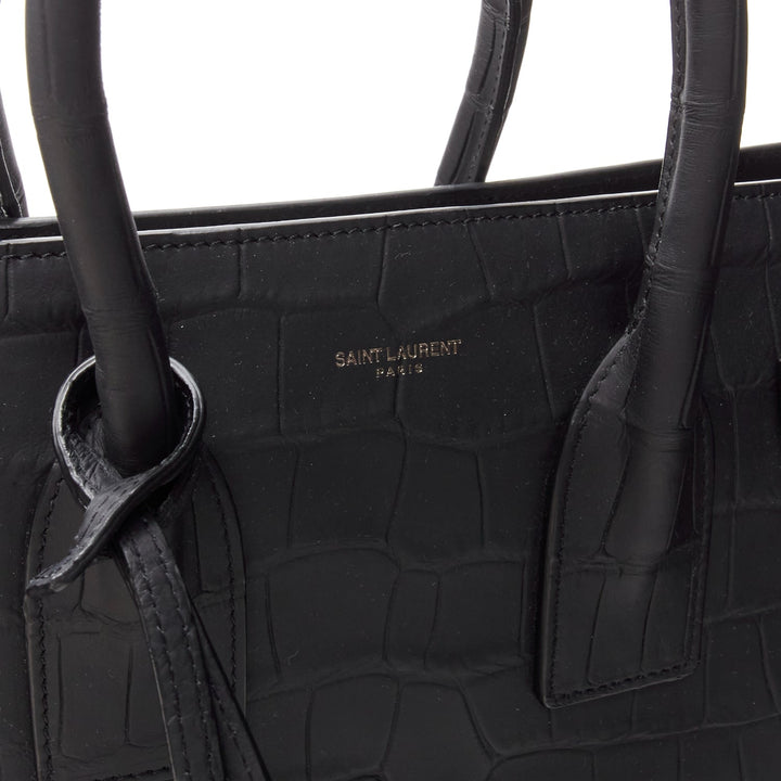 SAINT LAURENT Small Sac De Jour matte black stamped croc tote bag