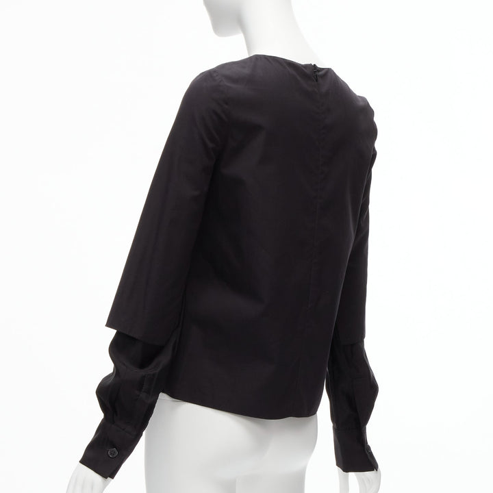 MARNI black cotton layered sleeves minimal crew neck blouse top FR36 S