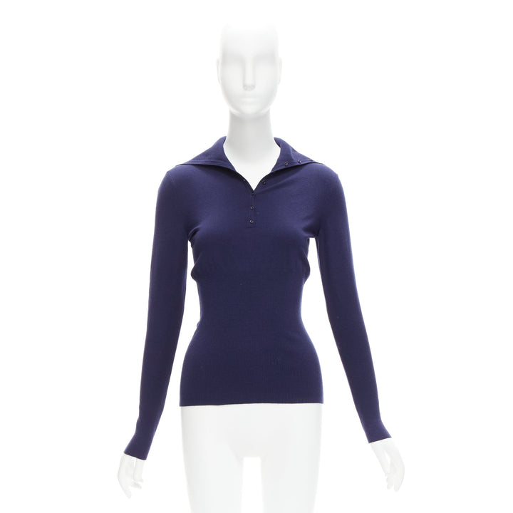 ALAIA navy blue wool blend button turtleneck sweater top FR40 L