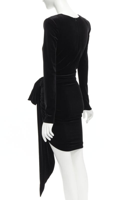 ALEXANDRE VAUTHIER black velvet plunge neck wrap bow draped mini dress FR34 XS