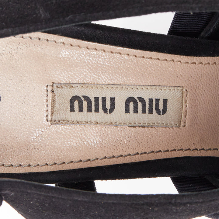MIU MIU black suede grosgrain origami bow chunky platform heels EU35