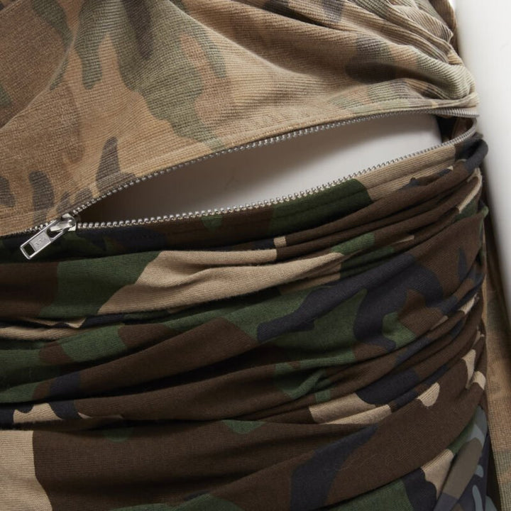 COMME DES GARCONS 2005 Runway mixed cotton nylon blue green camo ruched skirt XS
