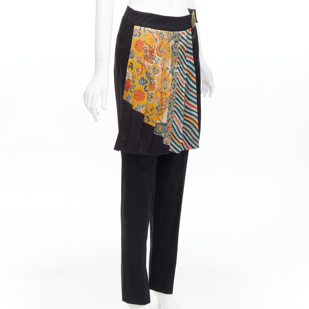 DRIES VAN NOTEN 2012 Runway Gold Chinese dragon pleated kilt trousers FR36 S