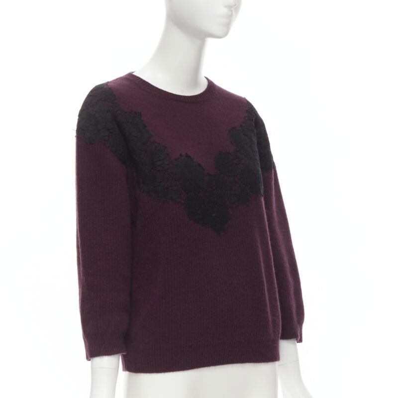 VALENTINO burgundy red virgin wool cashmere black lace applique sweater XL