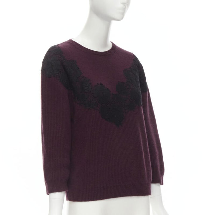 VALENTINO burgundy red virgin wool cashmere black lace applique sweater XL
