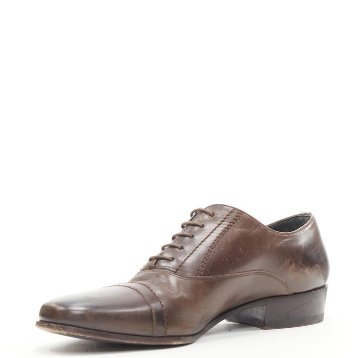 LANVIN brown calfskin lace up distressed scuffed leather dress shoes US8 EU41