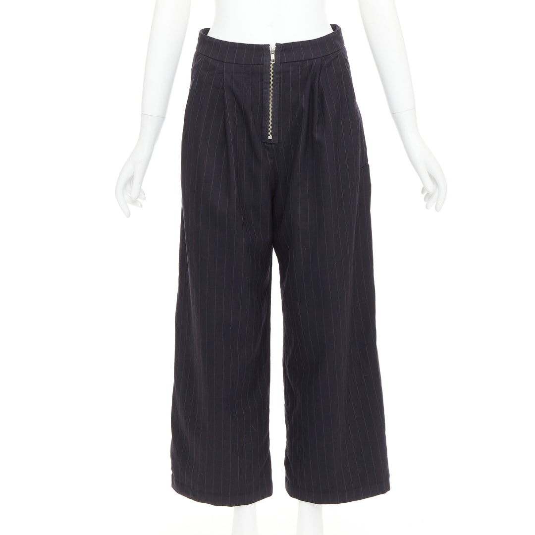 REFORMATION navy pinstripe surplus fabric silver zip fly wide pants US0 XS