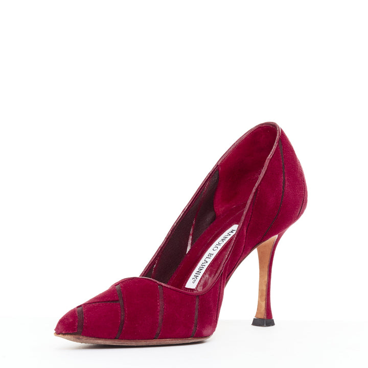 MANOLO BLAHNIK Nadira red suede diagonal cut out mesh pumps EU37