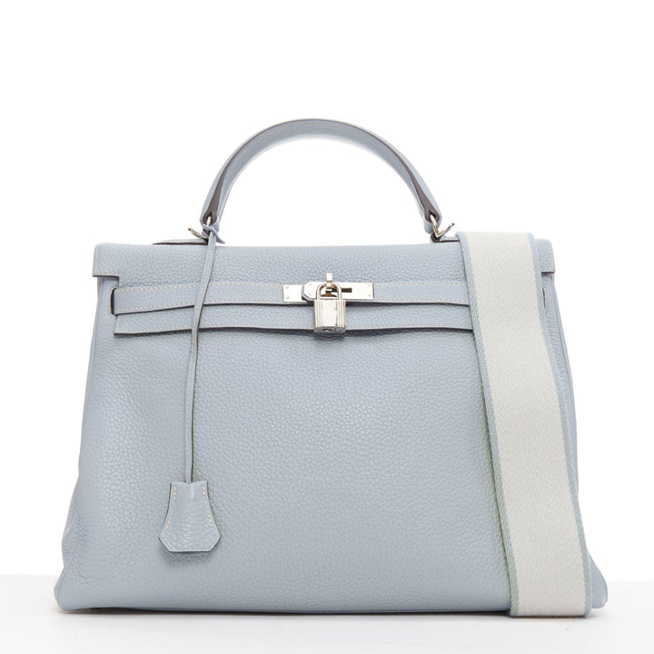 HERMES Kelly 35 Bleu Gacier Clemence sports canvas strap satchel bag