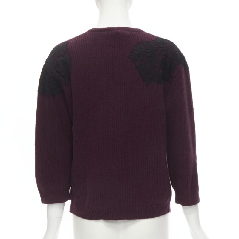 VALENTINO burgundy red virgin wool cashmere black lace applique sweater XL
