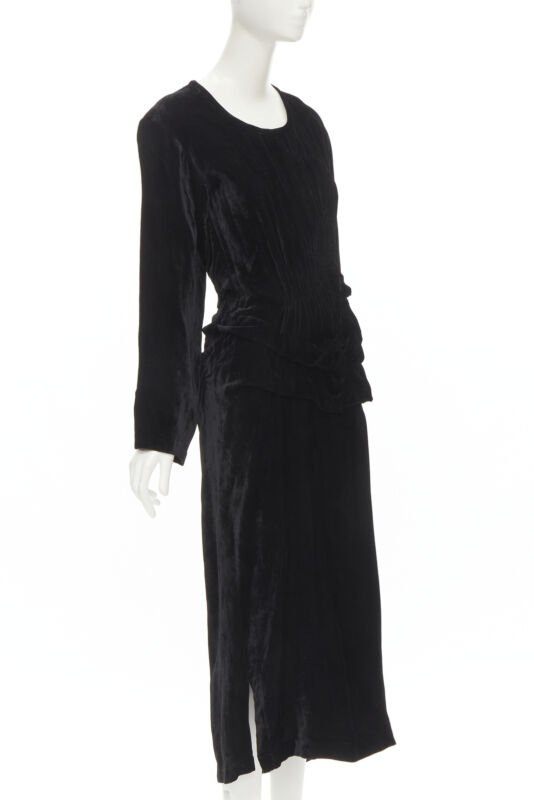 COMME DES GARCONS 1980's Vintage black velvet irregular shirred midi dress M