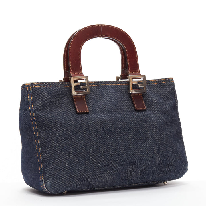 FENDI Vintage Twin dark blue denim FF buckle brown handle bag