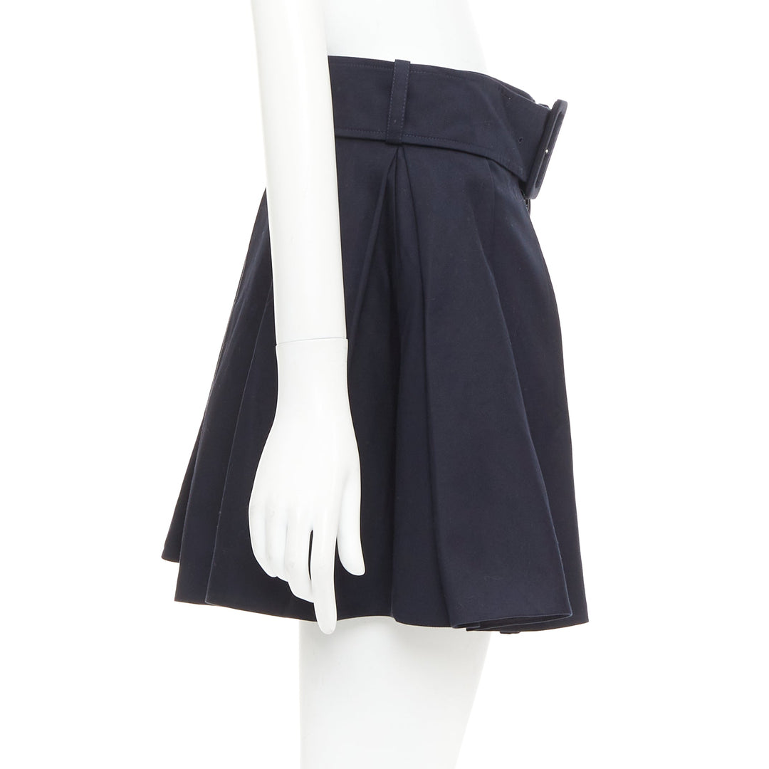 PATOU navy cotton front button box pleat belted flared mini skirt FR38 M