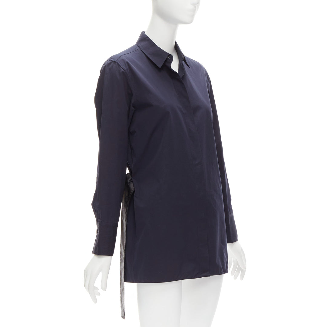MARNI navy blue cotton rubber button asymmetric belted shirt IT38 XS