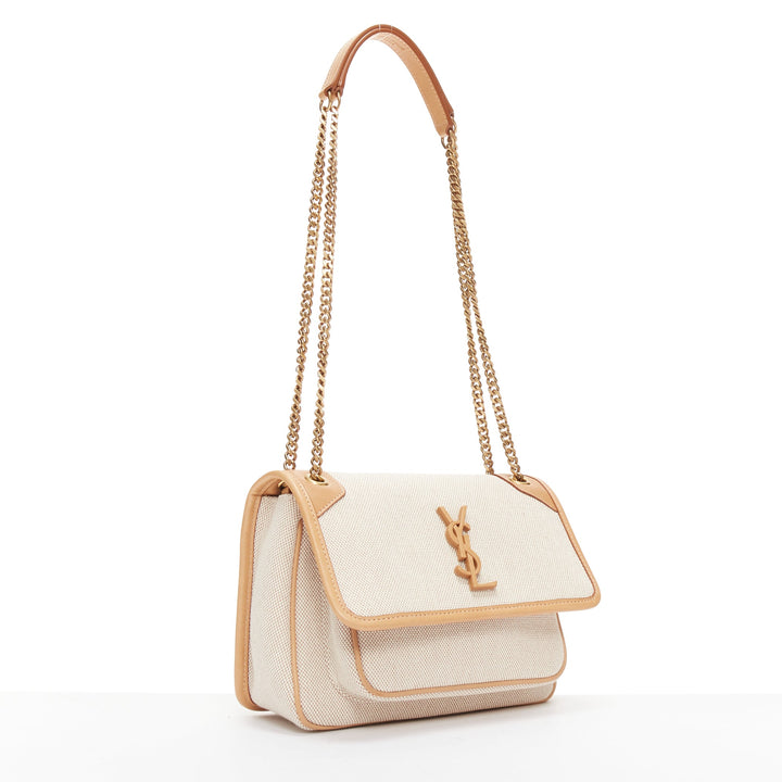 SAINT LAURENT Niki beige canvas brown leather trim logo flap crossbody chain bag