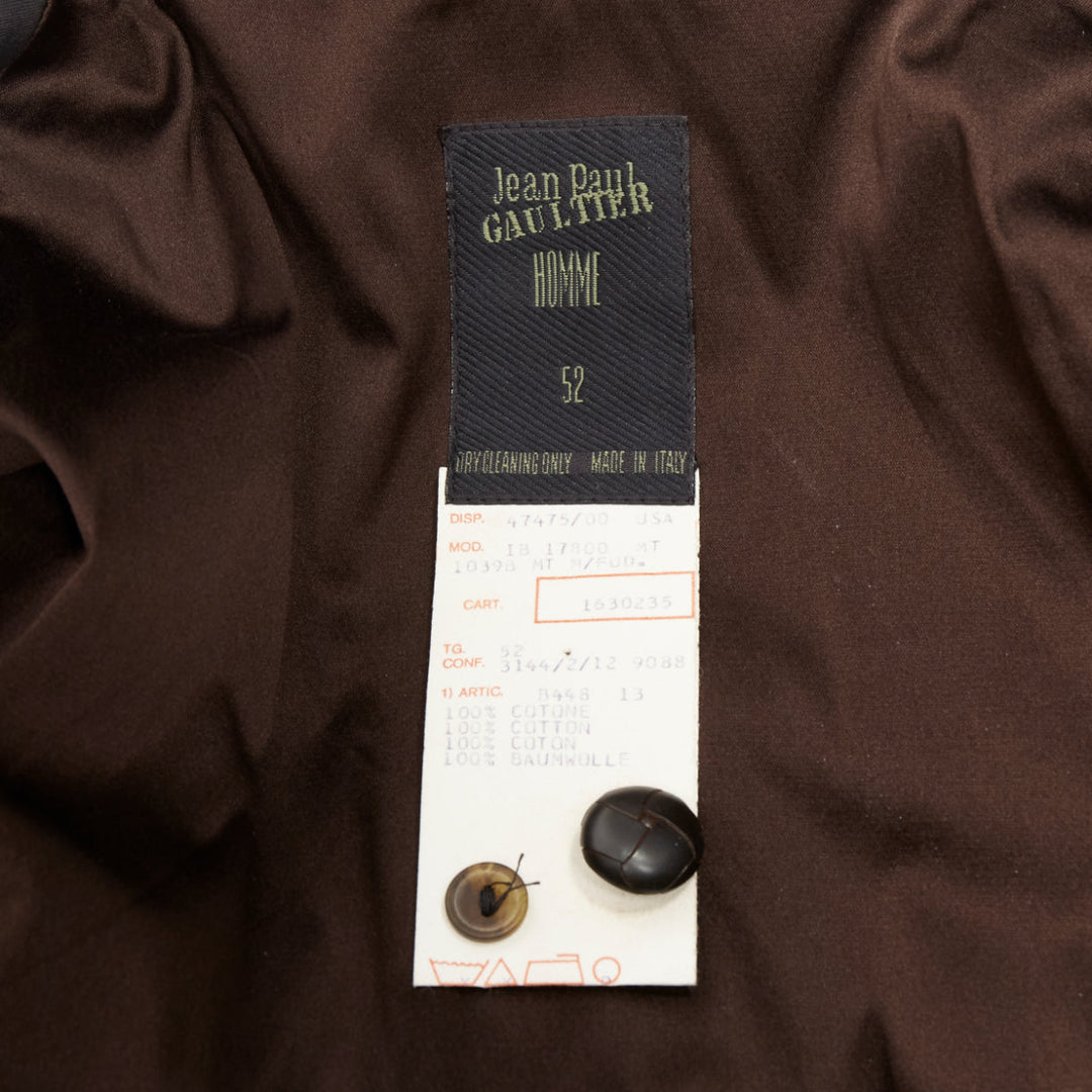 rare JEAN PAUL GAULTIER HOMME brown faux fur collar black cotton belted coat L