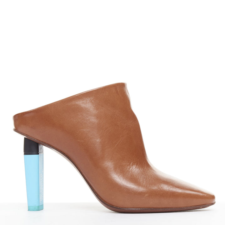 VETEMENTS Highlighter brown leather blue architectural heel mules EU35